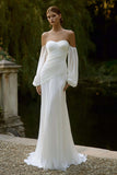 Simple Ivory Chiffon Mermaid Sweep Train Wedding Dress with Sleeves
