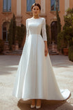 Ivory Satin A Line Boat Neck Sweep Train Boho Wedding Dress with Lace
