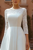Ivory Satin A Line Boat Neck Sweep Train Boho Wedding Dress with Lace