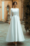 Ivory Satin Boat Neck A Line Long Boho Wedding Dress with Lace