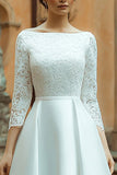 Ivory Satin Boat Neck A Line Long Boho Wedding Dress with Lace