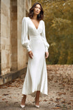 Simple Ivory Ruched V-Neck Sheath Satin Long Wedding Dress with Sleeves