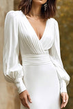 Simple Ivory Ruched V-Neck Sheath Satin Long Wedding Dress with Sleeves
