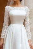 Ivory Satin Boat Neck A Line Boho Wedding Dress with Lace