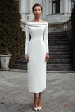 Ivory Sheath Satin Off the Shoulder Maxi Engagement Dress