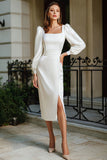 Ivory Square Neck Satin Sheath Midi Engagement Dress with Slit