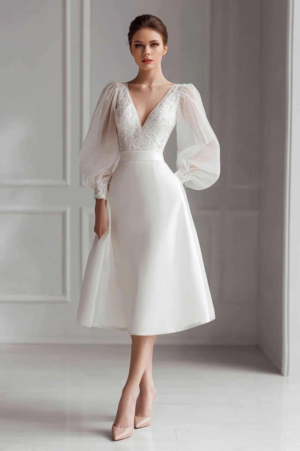 Leely Women Ivory Satin Short Wedding Dress with Lace V-Neck A Line