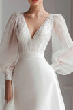 Ivory V-Neck A Line Midi Wedding Dress with Lace