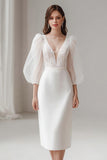 Ivory V-Neck Sheath Midi Wedding Dress with Lace