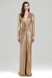 Sparkly Gold Sheath Metallic V-Neck Ruched Maxi Formal Dress with Slit