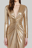 Sparkly Gold Sheath Metallic V-Neck Ruched Maxi Formal Dress with Slit