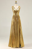 Gold Metallic V-Neck A-Line Ruched Long Formal Dress with Slit