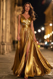 Gold Metallic V-Neck A-Line Ruched Long Formal Dress with Slit