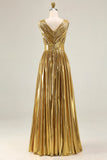 Gold Metallic V-Neck A-Line Ruched Long Formal Dress with Slit