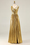 Metallic Gold V-Neck A-Line Ruched Long Formal Dress with Slit