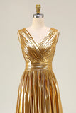 Metallic Gold V-Neck A-Line Ruched Long Formal Dress with Slit