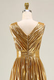 Metallic Gold V-Neck A-Line Ruched Long Formal Dress with Slit