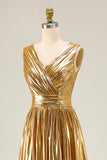 Metallic Gold V-Neck A-Line Ruched Long Formal Dress with Slit