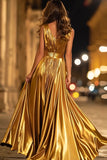 Gold Metallic V-Neck A-Line Ruched Long Formal Dress with Slit