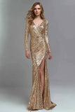 Sparkly Gold Sequin Mermaid V-Neck Long Formal Dress with Slit