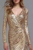 Sparkly Gold Sequin Mermaid V-Neck Long Formal Dress with Slit
