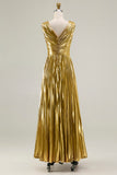 Gold Metallic Pleated V-Neck A-Line Maxi Formal Dress