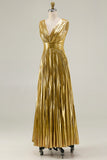 Metallic Gold V-Neck Pleated A-Line Maxi Formal Dress