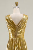 Metallic Gold V-Neck Pleated A-Line Maxi Formal Dress