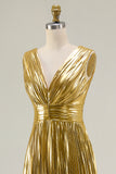 Metallic Gold V-Neck Pleated A-Line Maxi Formal Dress