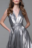 Silver Metallic V-Neck A-Line Long Formal Dress