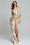 Sparkly Light Gold Sequin V-Neck Maxi Formal Dress with Slit