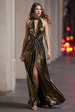 Black Gold Metallic Halter Sheath Long Formal Dress with Slit