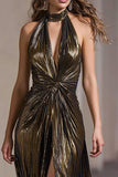 Black Gold Metallic Halter Sheath Long Formal Dress with Slit