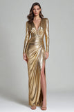Gold Metallic Sheath V-Neck Maxi Formal Dress with Slit