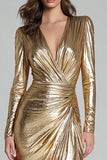 Gold Metallic Sheath V-Neck Maxi Formal Dress with Slit