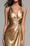 Gold Mermaid Metallic Ruched V-Neck Maxi Formal Dress