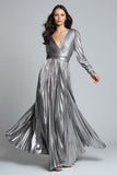 Silver Metallic Pleated A-Line Long Formal Dress with Sleeves
