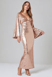 Sparkly Rose Gold Sequin Mermaid V-Neck Long Formal Dress