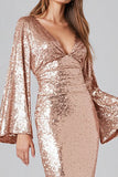 Sparkly Rose Gold Sequin Mermaid V-Neck Long Formal Dress