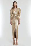 Light Gold Sheath Metallic V-Neck Maxi Formal Dress with Sleeves