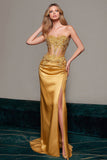 Gold Satin Corset Sheath Sweetheart Long Formal Dress with Appliques