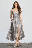 Metallic Silver A-Line Pleated Long Formal Dress with Slit