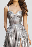 Metallic Silver A-Line Pleated Long Formal Dress with Slit
