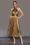 Gold Metallic Pleated Halter A-Line Midi Formal Dress