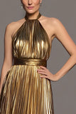 Gold Metallic Pleated Halter A-Line Midi Formal Dress