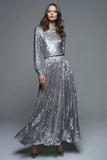 Sparkly Sequin Silver A-Line Long Formal Dress with Sleeves