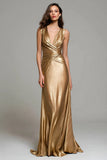 Gold Metallic Ruched V-Neck Long Formal Dress