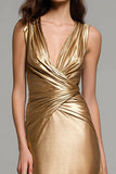 Gold Metallic Ruched V-Neck Long Formal Dress