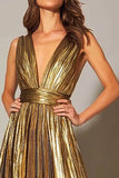 Gold Metallic Pleated V-Neck A-Line Long Formal Dress