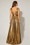 Gold Metallic Pleated V-Neck A-Line Long Formal Dress